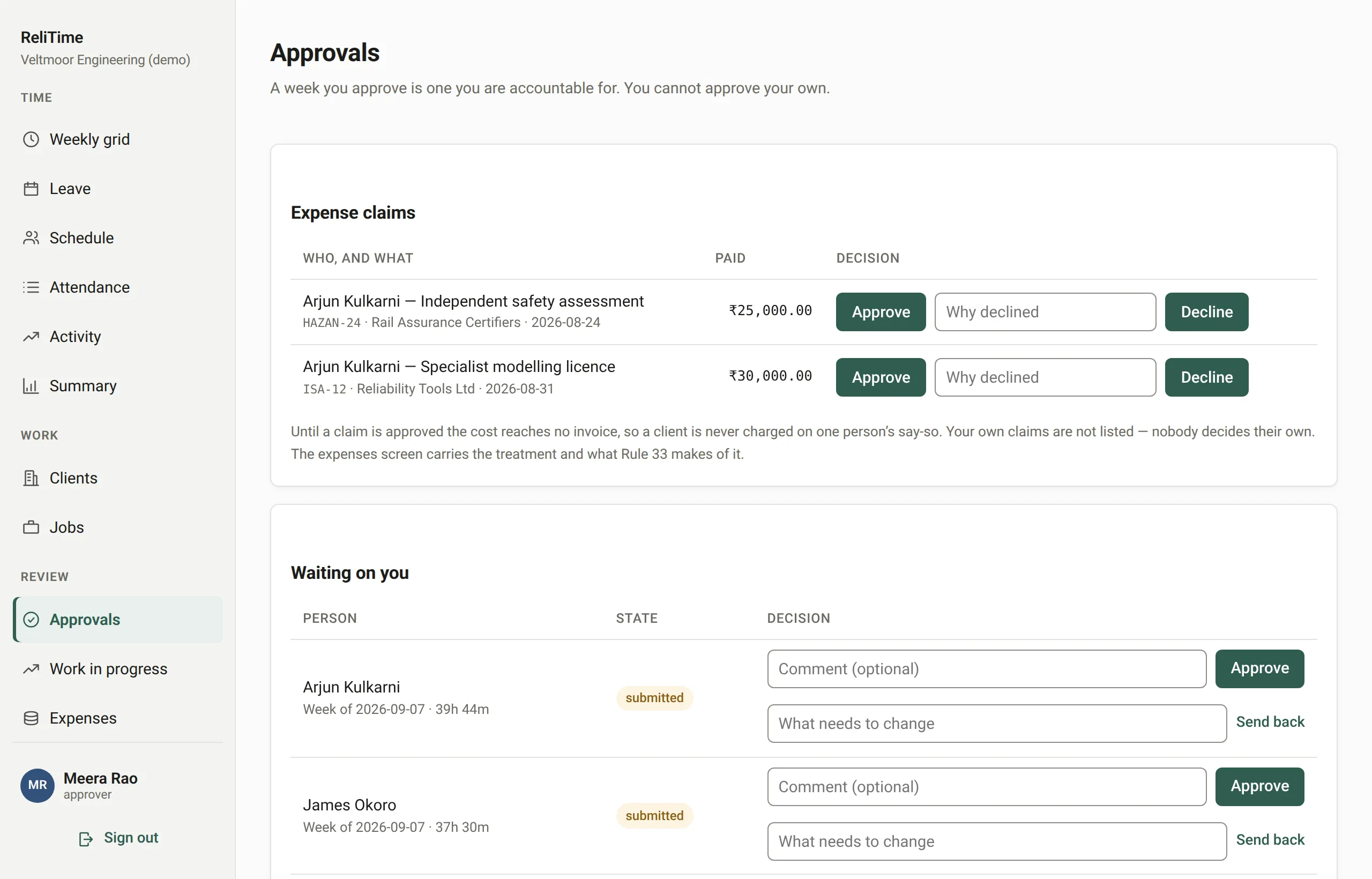 The approvals queue: expense claims and submitted weeks, each waiting for a decision.