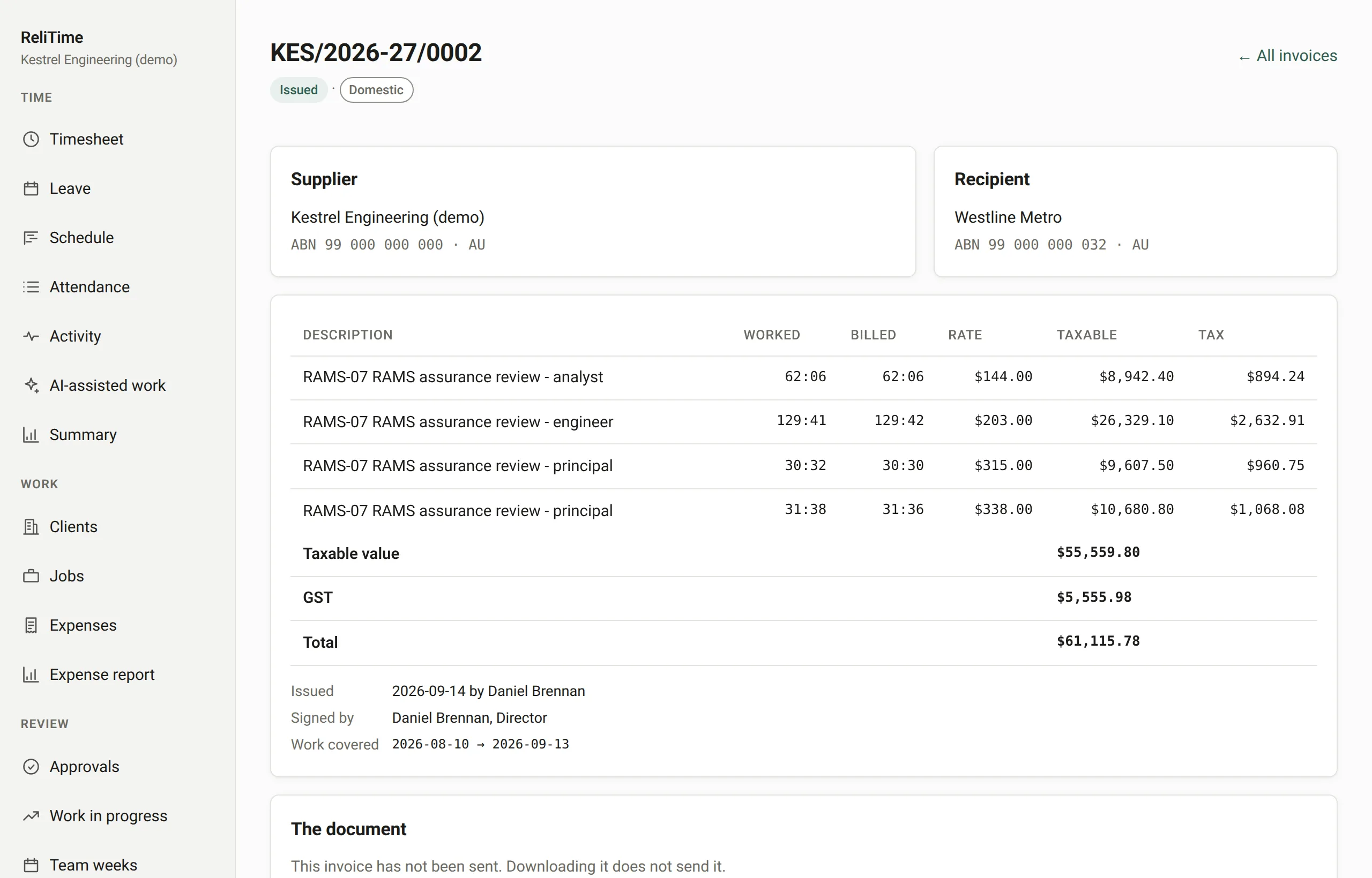 A tax invoice on screen, with the supplier and recipient ABNs, the taxable value of each line, and the GST worked out below.