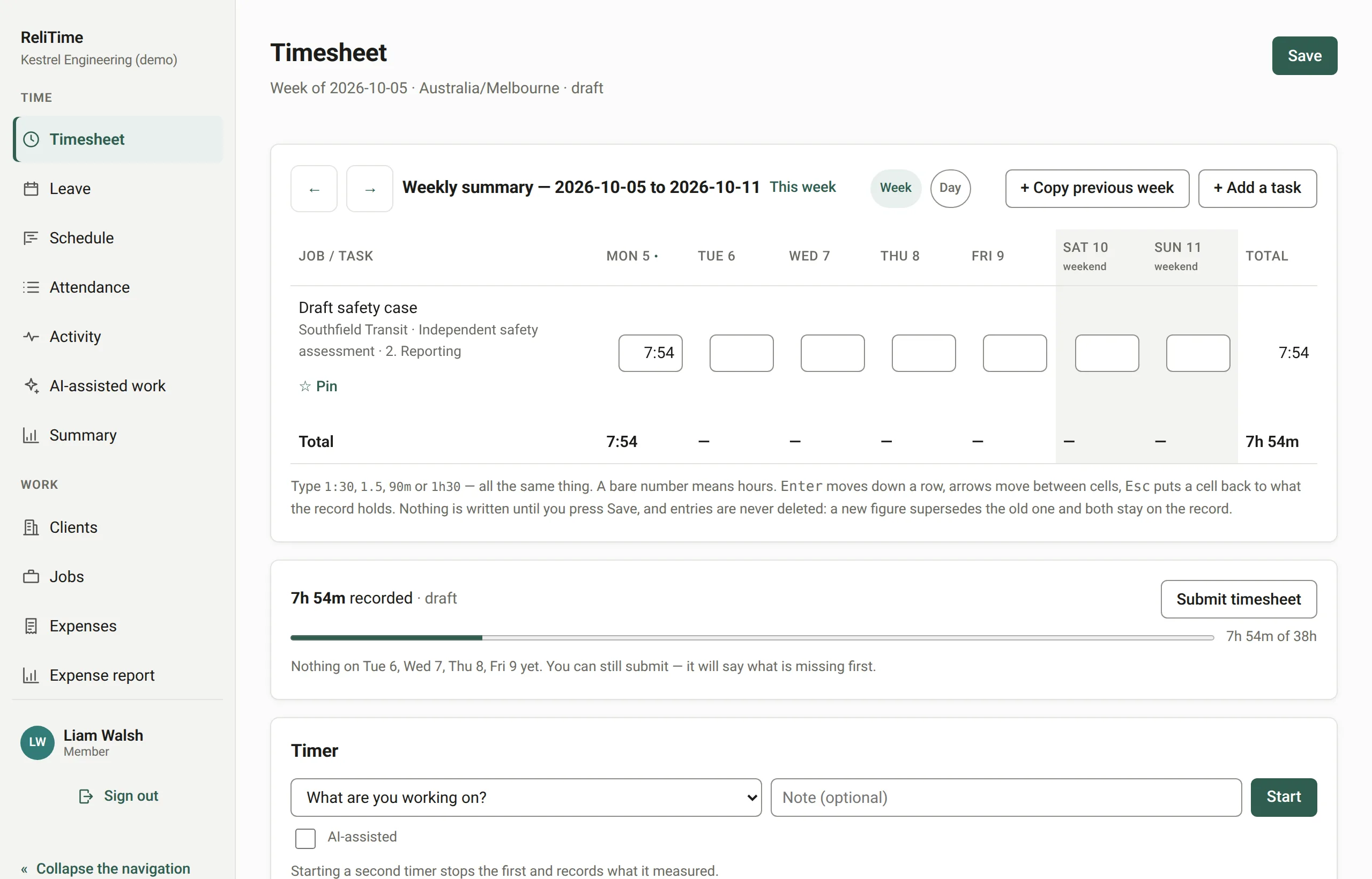 Liam's weekly timesheet: tasks for several client jobs down the side and his hours for each day of the week.