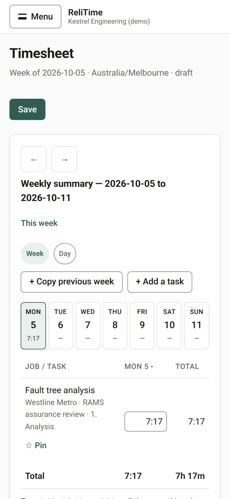 The weekly timesheet on a phone, showing a single day with its tasks and hours.