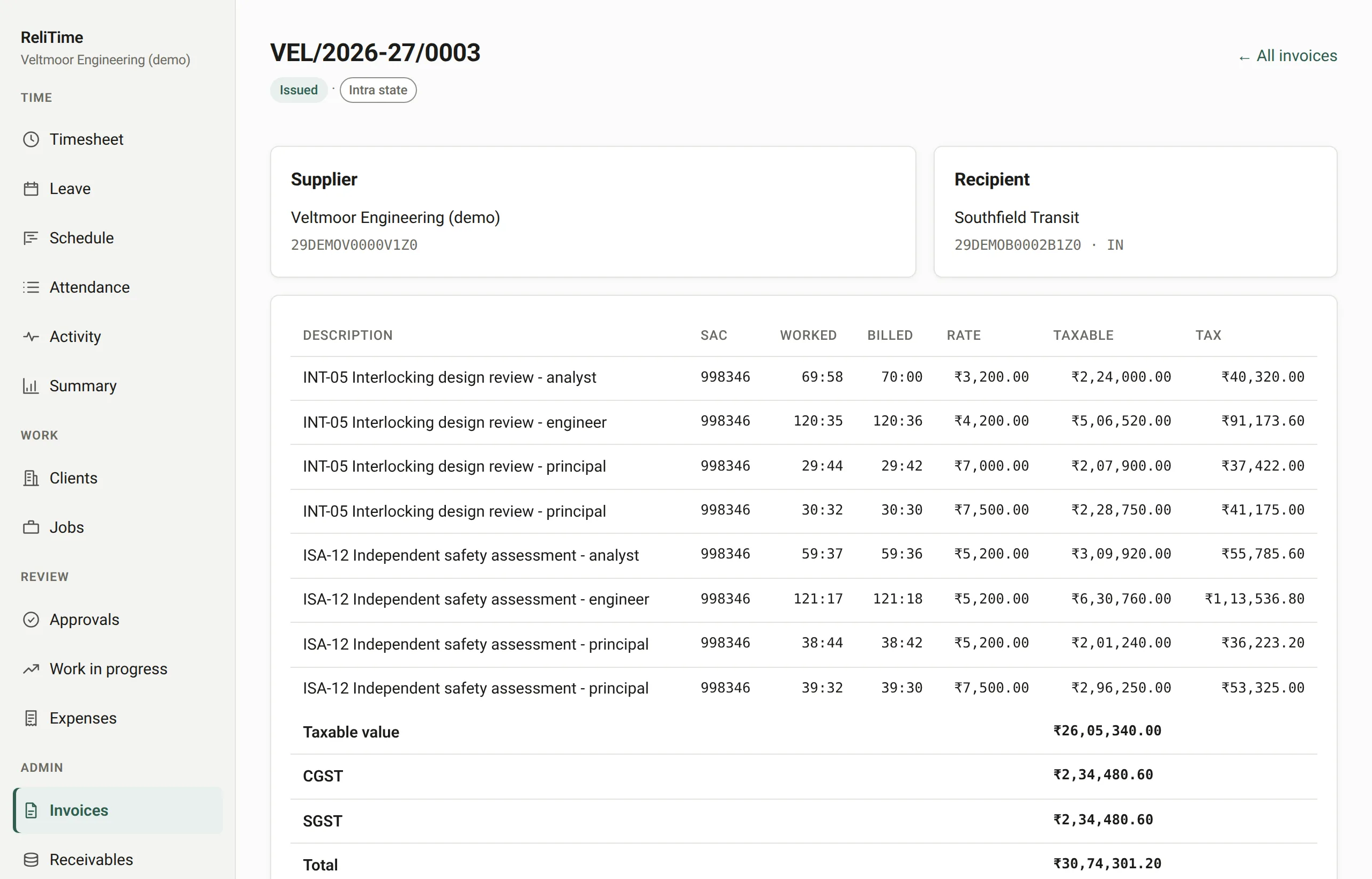 A GST tax invoice with the work, the tax, and disbursements shown separately below the lines.