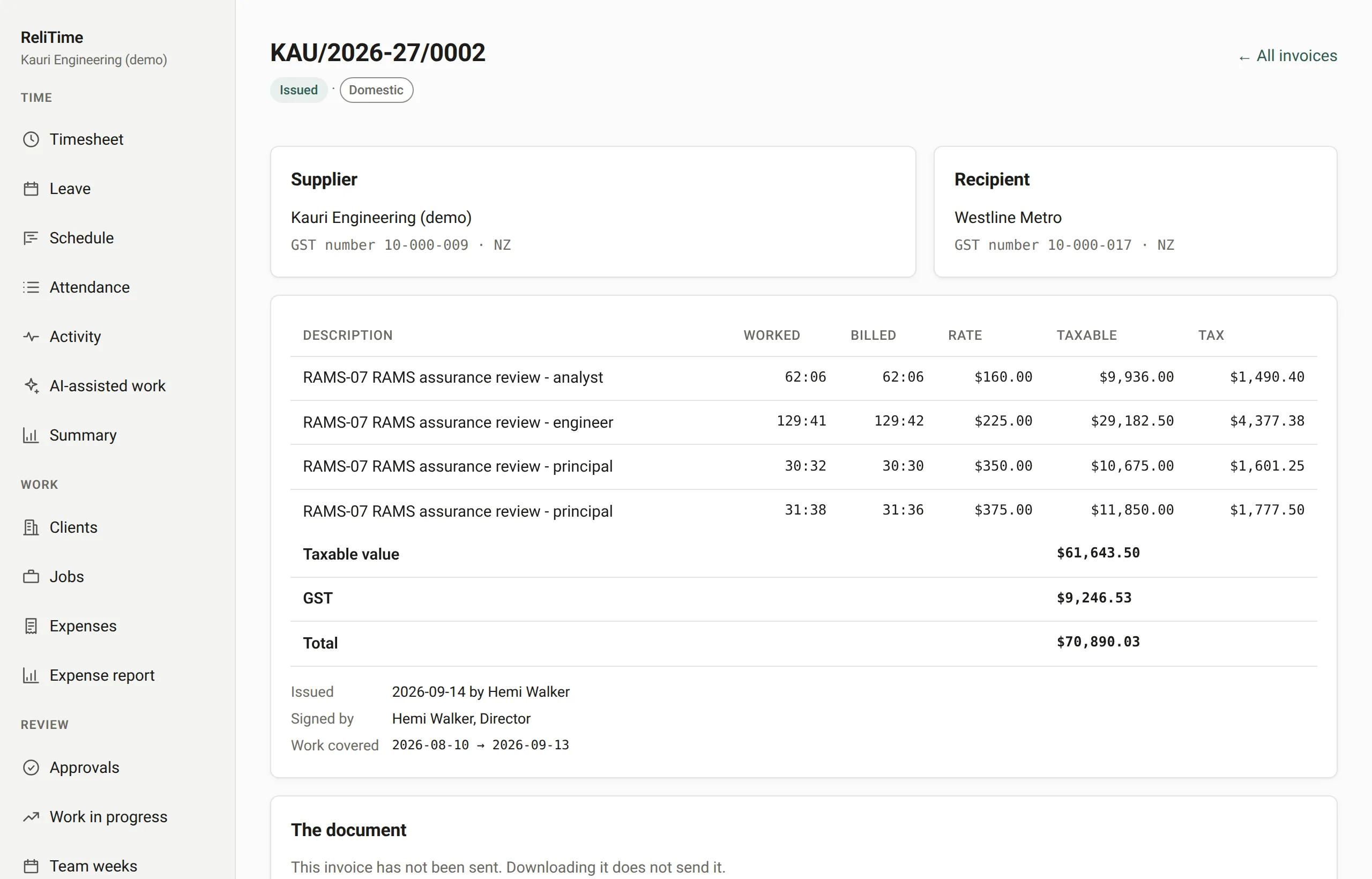A tax invoice on screen, with the supplier and recipient GST numbers, the taxable value of each line, and the GST worked out below.