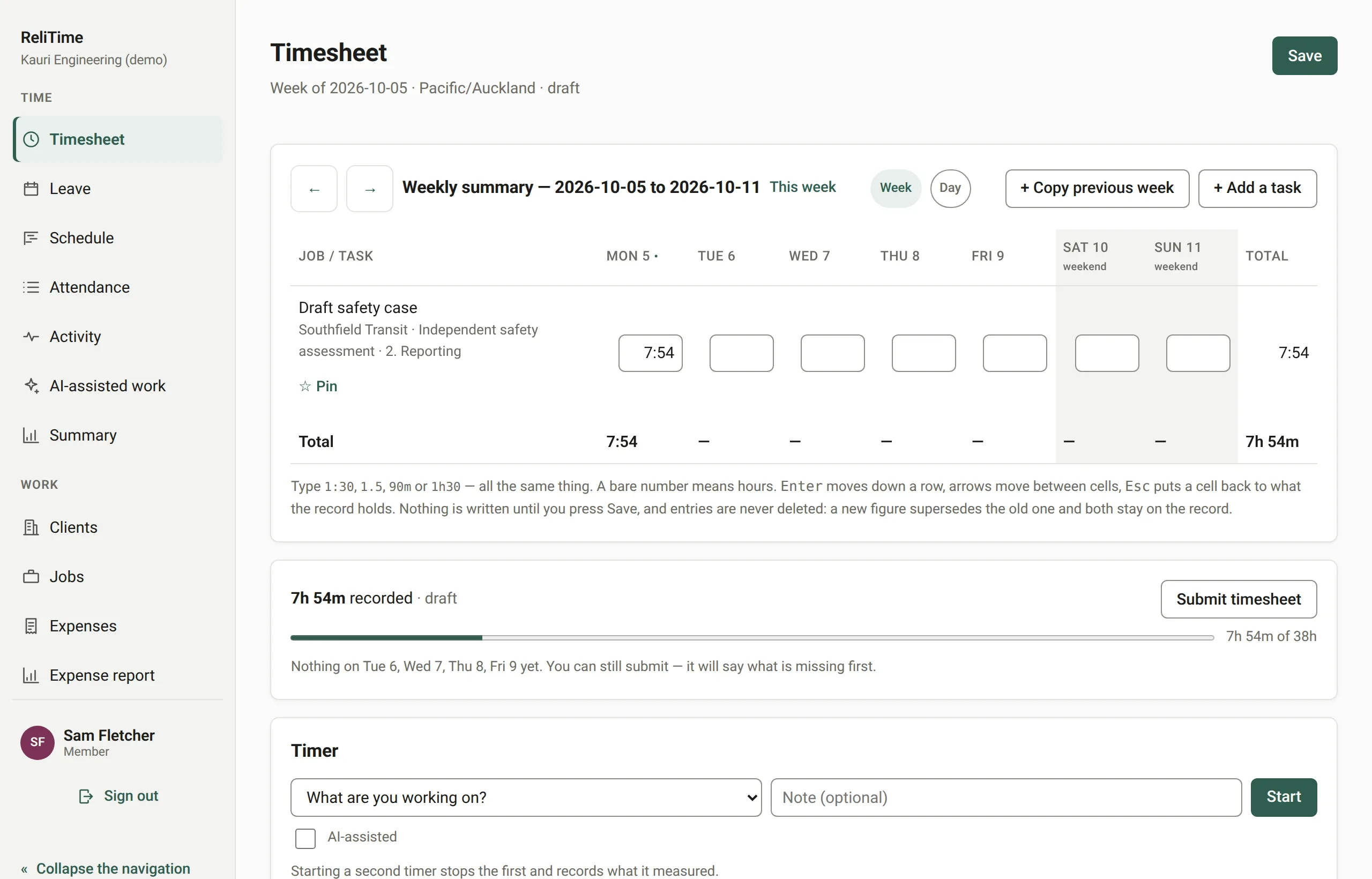 Sam's weekly timesheet: tasks for several client jobs down the side and his hours for each day of the week.