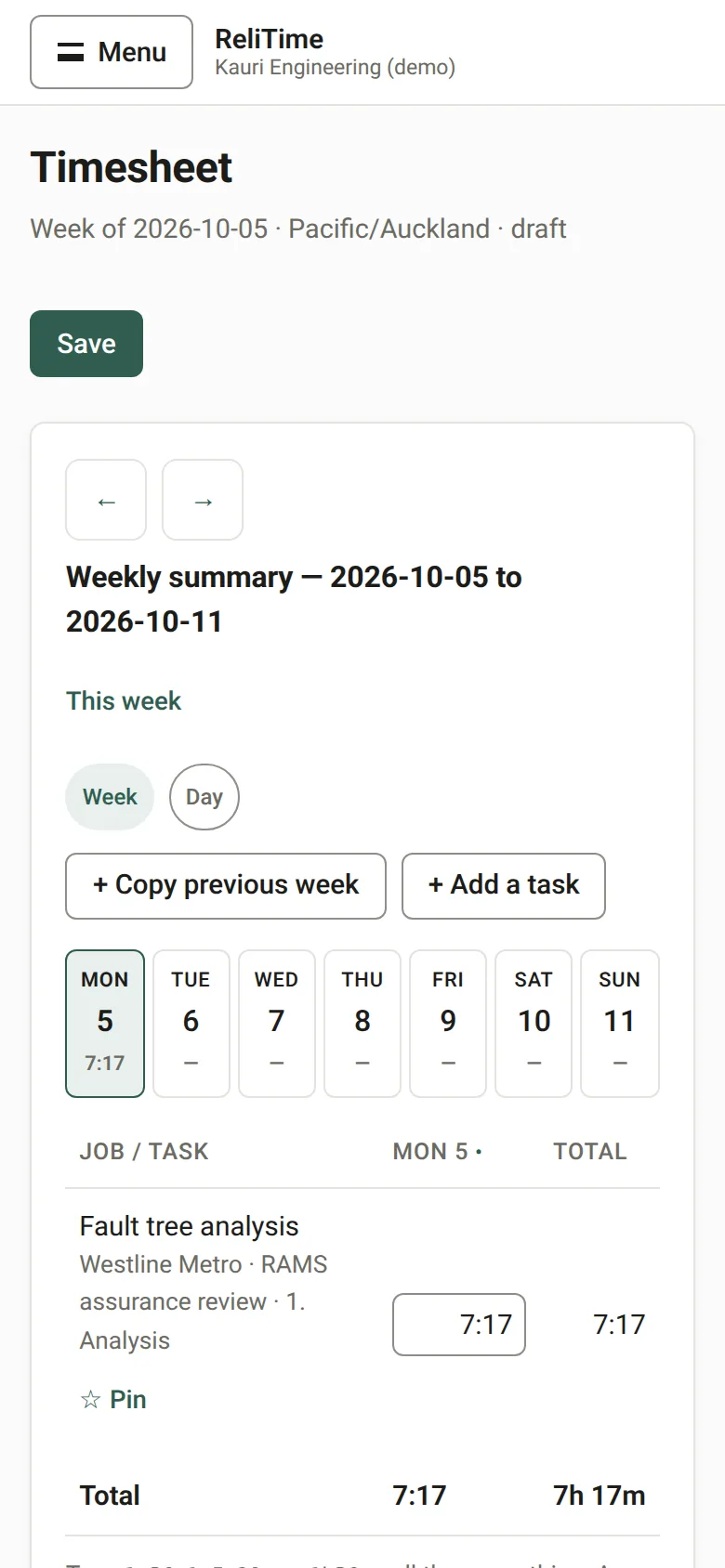 The weekly timesheet on a phone, showing a single day with its tasks and hours.