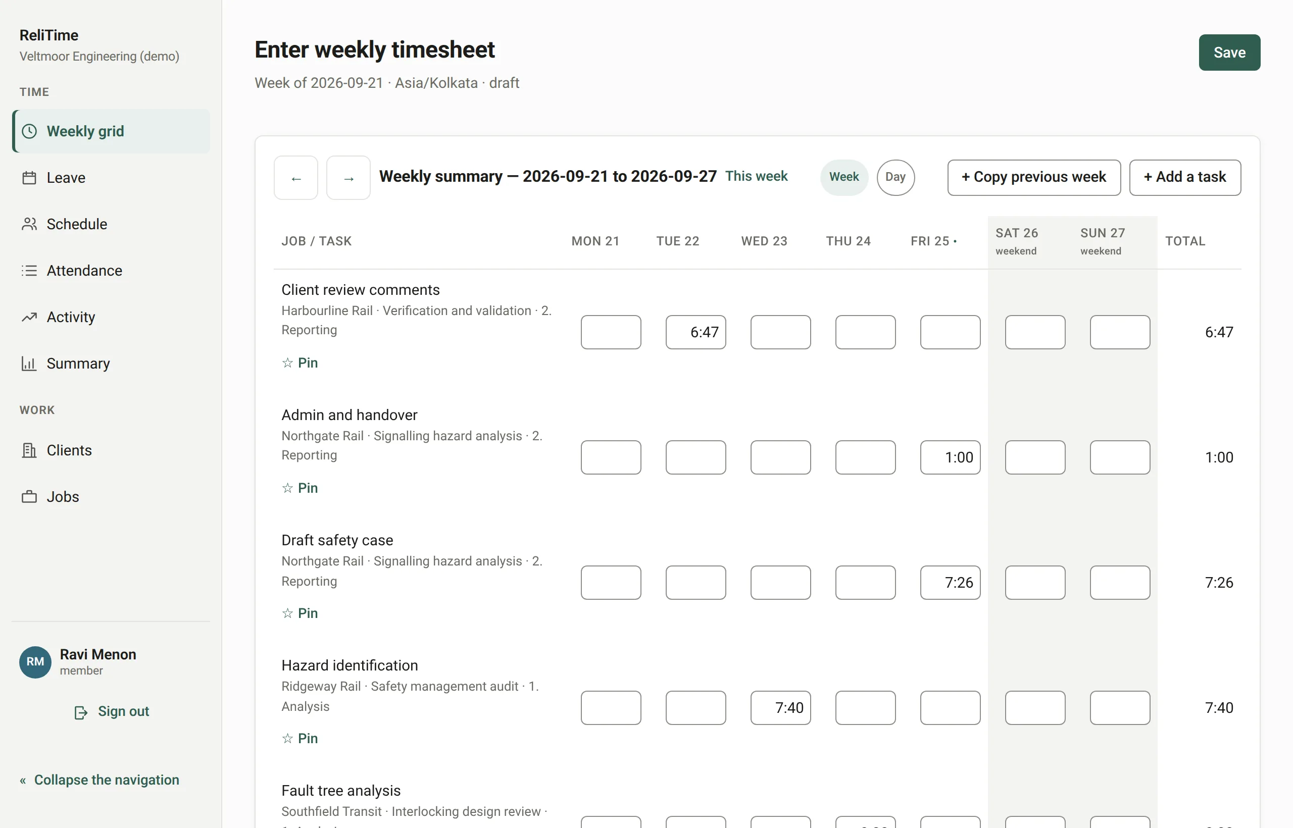Ravi's weekly timesheet: tasks for several client jobs down the side and his hours for each day of the week.