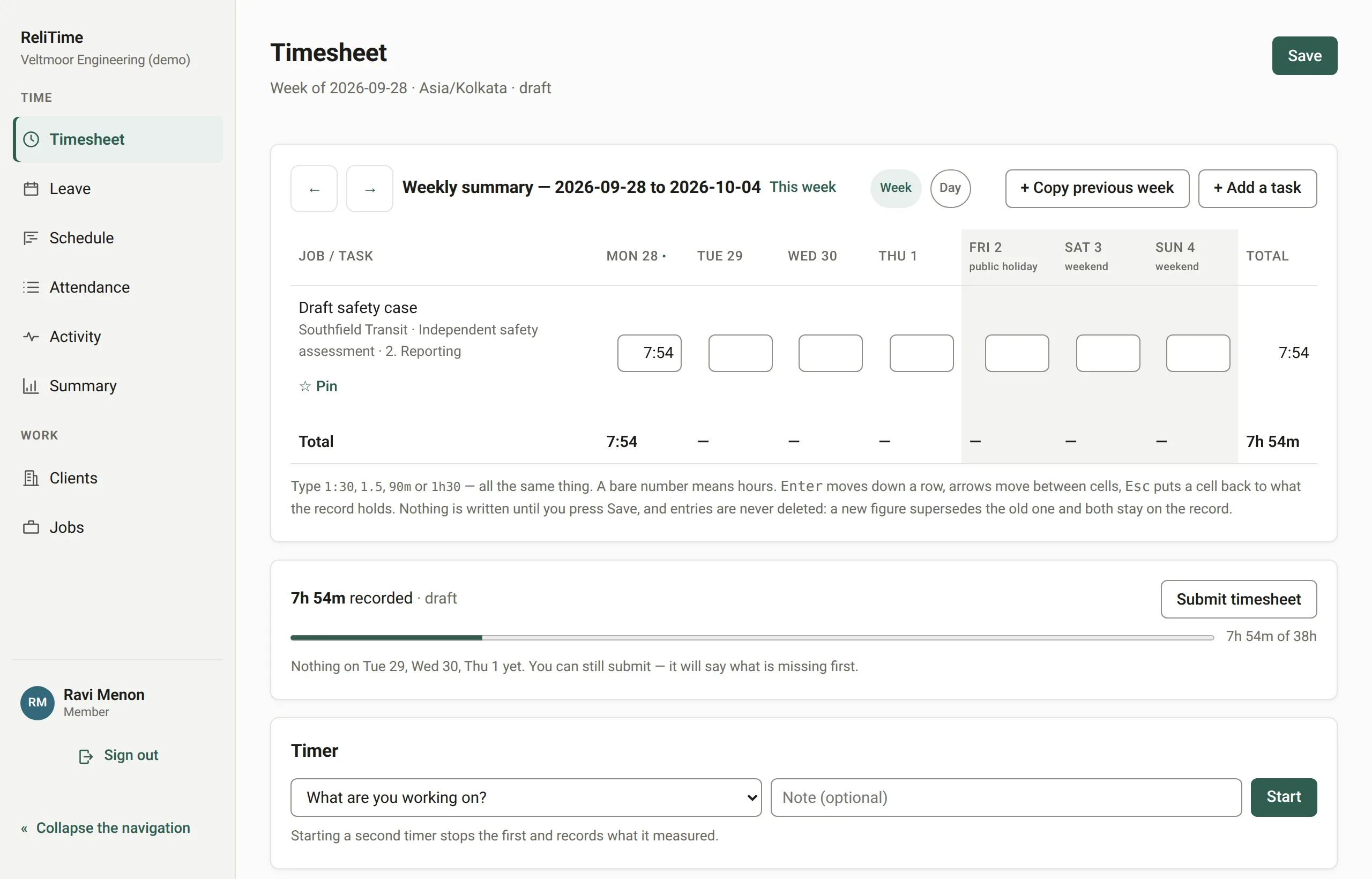 Ravi's weekly timesheet: tasks for several client jobs down the side and his hours for each day of the week.