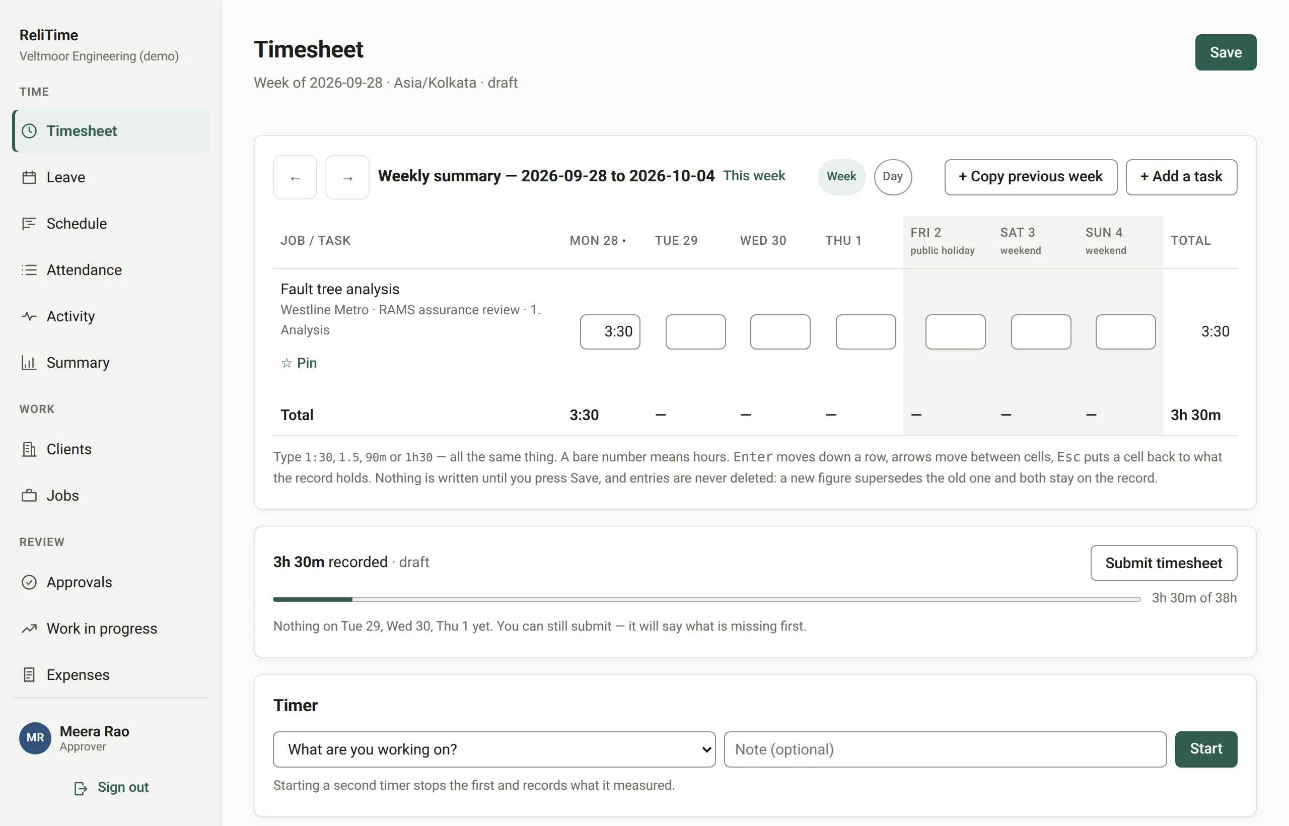 The weekly timesheet: tasks for several jobs down the side and hours for each day of the week.