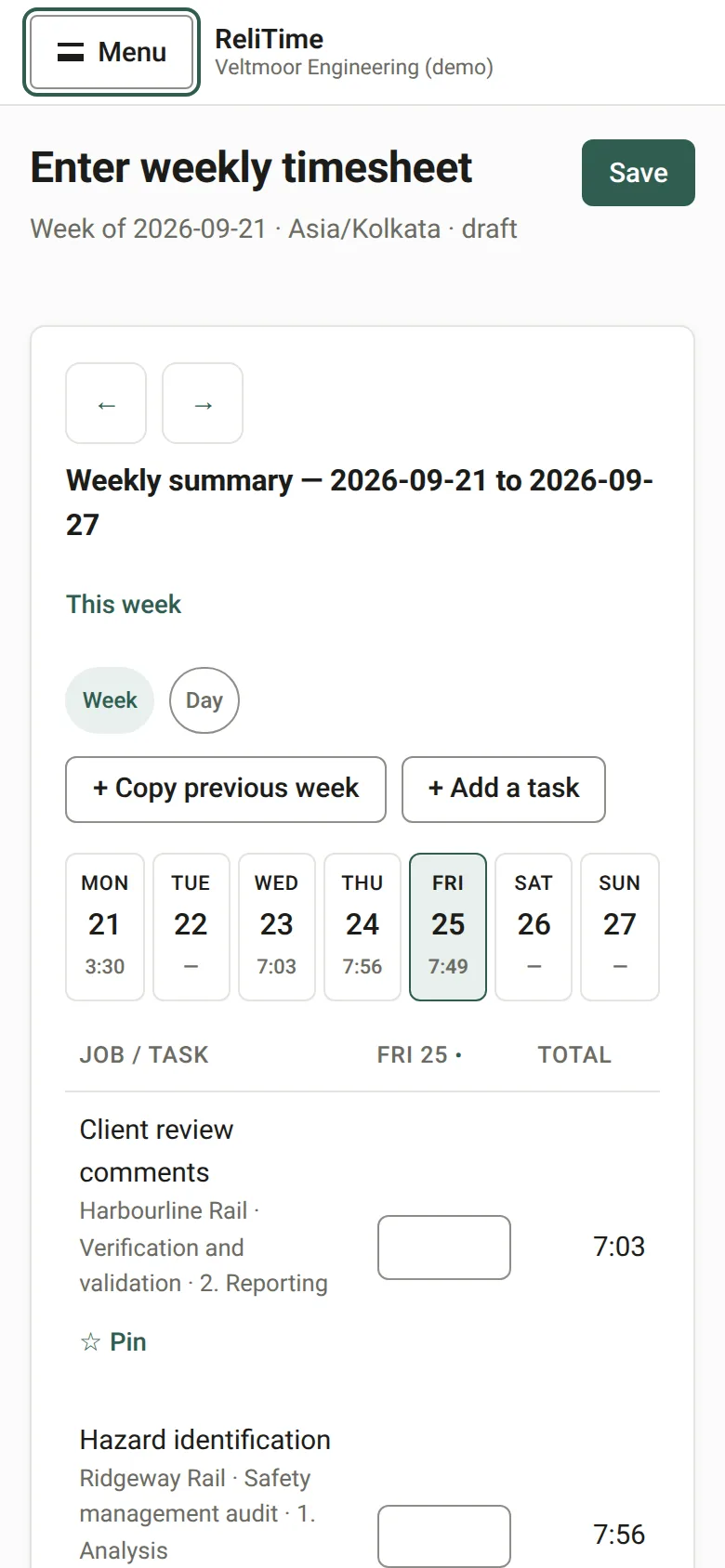 The weekly timesheet on a phone, showing a single day with its tasks and hours.